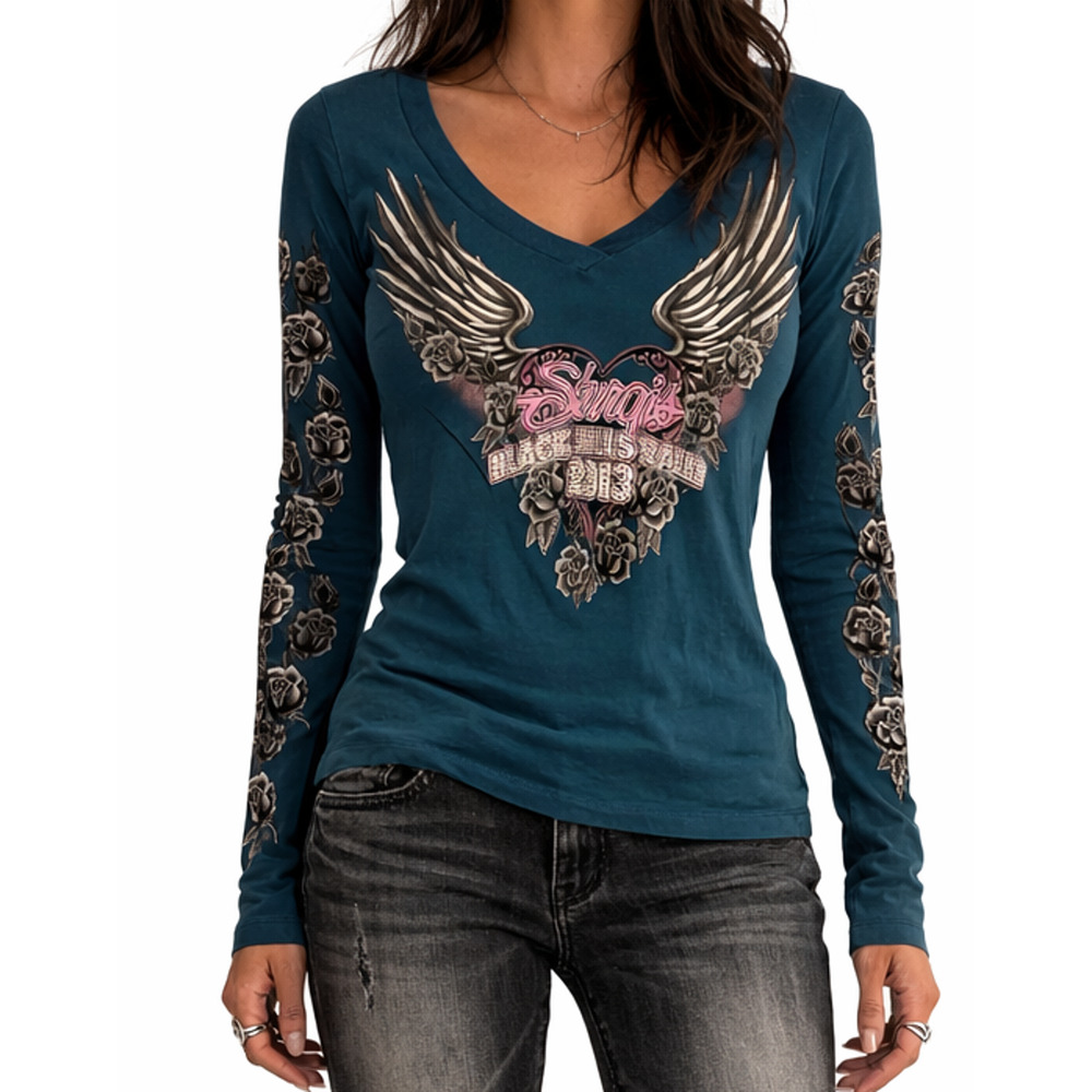 Hot Leathers Sturgis 2013 Winged Heart Biker Shirt Long Sleeve Snug Womens Small